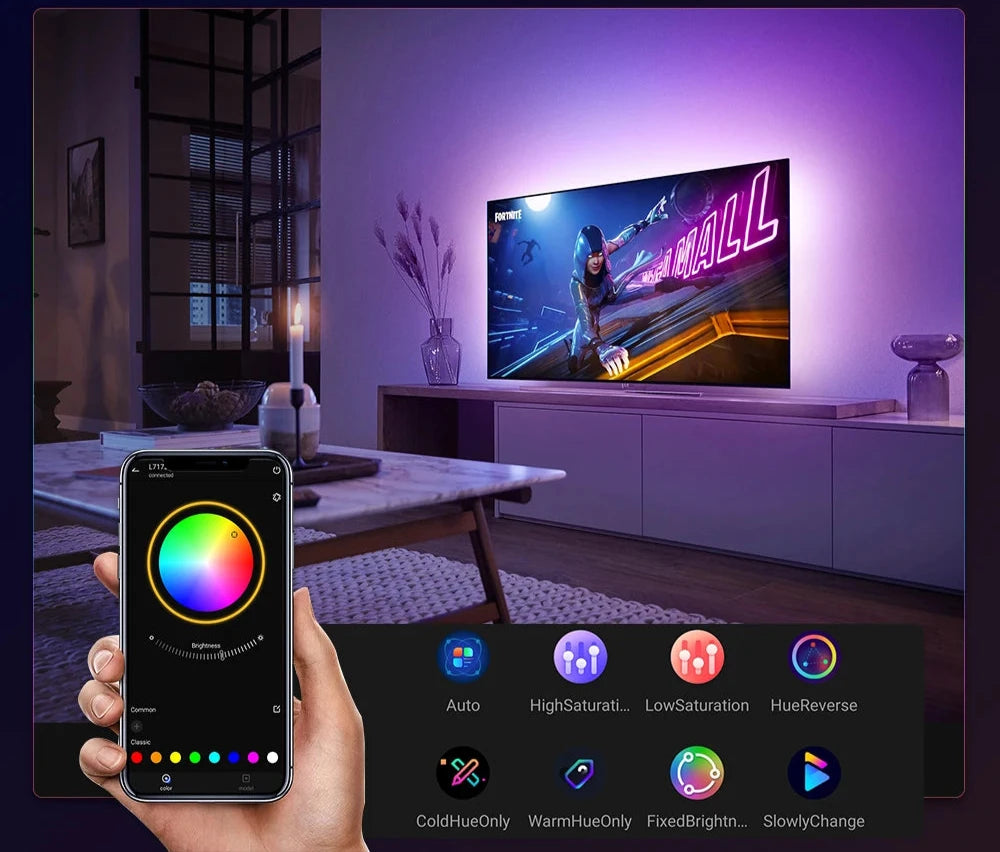 Fita de LED para Ambiente – Luz de Fundo para TV e PC com Sincronização de Cor RGB para Dispositivos HDMI e USB, Compatível com Alexa/Google/TV Box