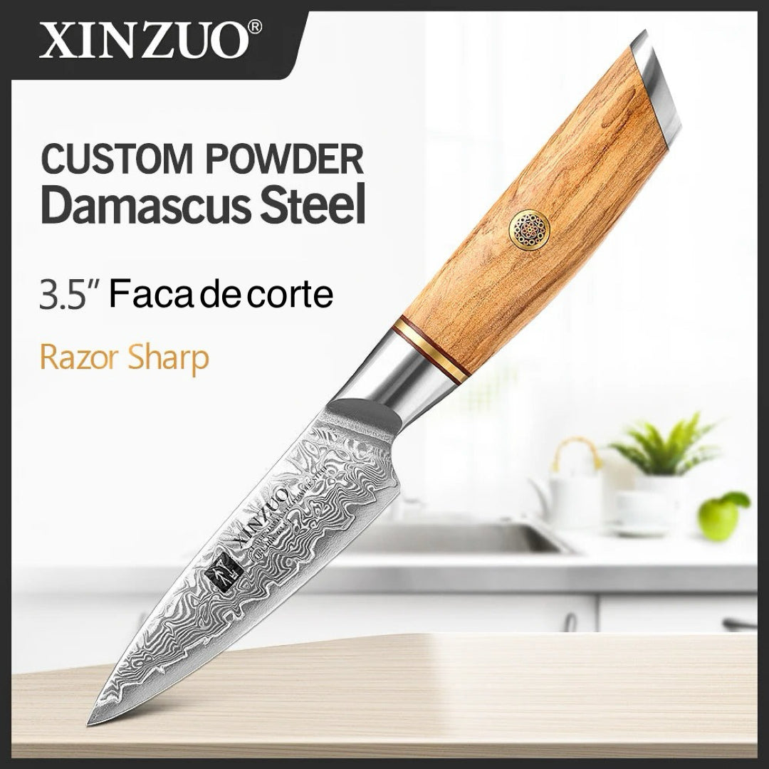 Conjunto de Facas de Cozinha XINZUO com 8 Peças - Aço Damascus Personalizado de 73 Camadas, Lâmina de Aço com Ângulo de 15°±1 por Lado e Cabo de Madeira de Oliveira