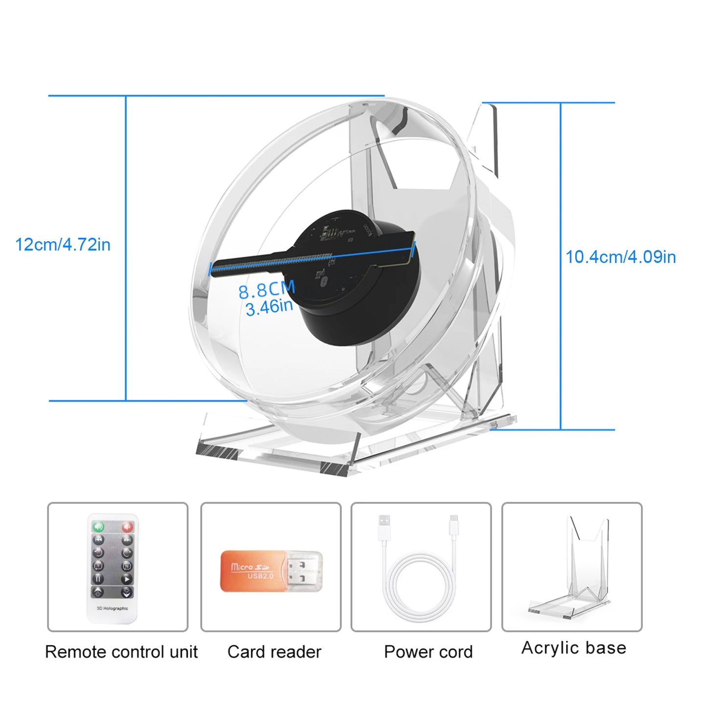 Projetor Holográfico 3D HD Ventilador, Display LED Holográfico, Suporta Imagens e Vídeos.